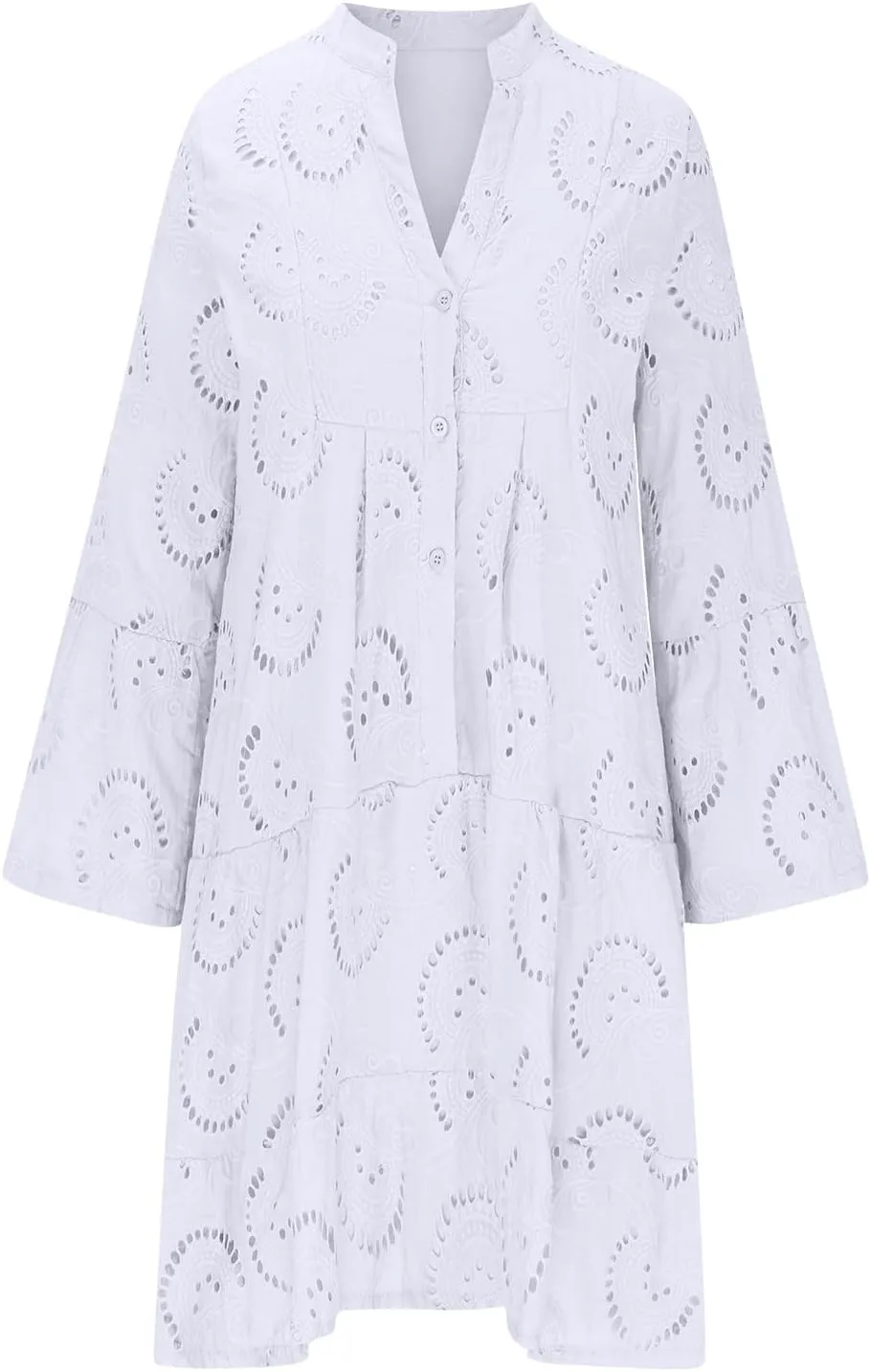 hlysgo Women's 2025 Casual Dress Eyelet Embroidery Mini Dresses Summer V-Neck Long Sleeve Boho Flowy Swing Dress for Ladies