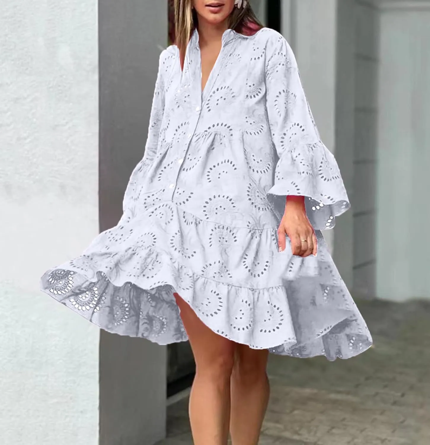 hlysgo Women's 2025 Casual Dress Eyelet Embroidery Mini Dresses Summer V-Neck Long Sleeve Boho Flowy Swing Dress for Ladies