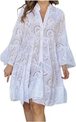 hlysgo Women's 2025 Casual Dress Eyelet Embroidery Mini Dresses Summer V-Neck Long Sleeve Boho Flowy Swing Dress for Ladies