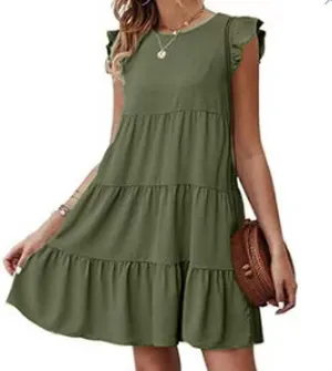 hlysgo Women's Summer Dresses Sleeveless Ruffle Sleeve Casual Solid Color Loose Short Flowy Pleated Mini Babydoll Dress