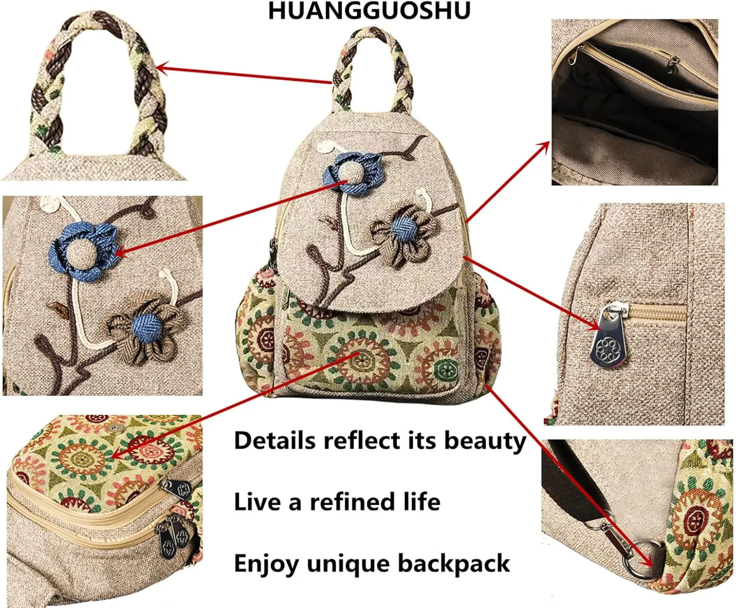 HUANGGUOSHU Backpack Purse for Women - Boho Style Small Convertible Sling Bag with Woven and Mushroom Design - Perfect Mini Backpack for Fashionable Hippie Ladies Gardenia