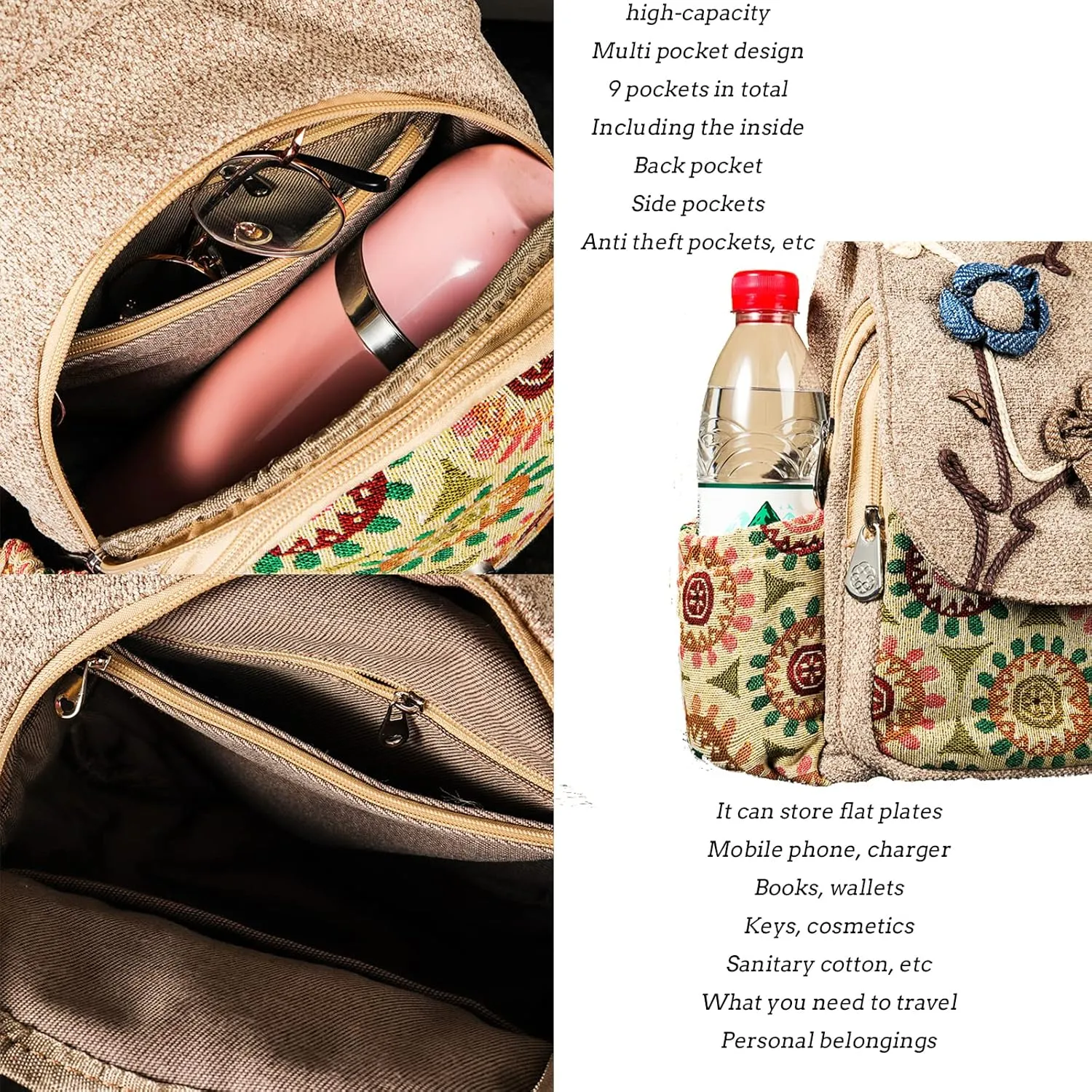 HUANGGUOSHU Backpack Purse for Women - Boho Style Small Convertible Sling Bag with Woven and Mushroom Design - Perfect Mini Backpack for Fashionable Hippie Ladies Gardenia