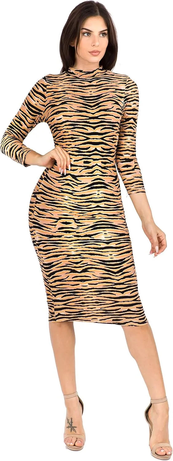 ICONOFLASH Women's 3/4 Sleeves Mock Neck Bodycon Midi Dresses