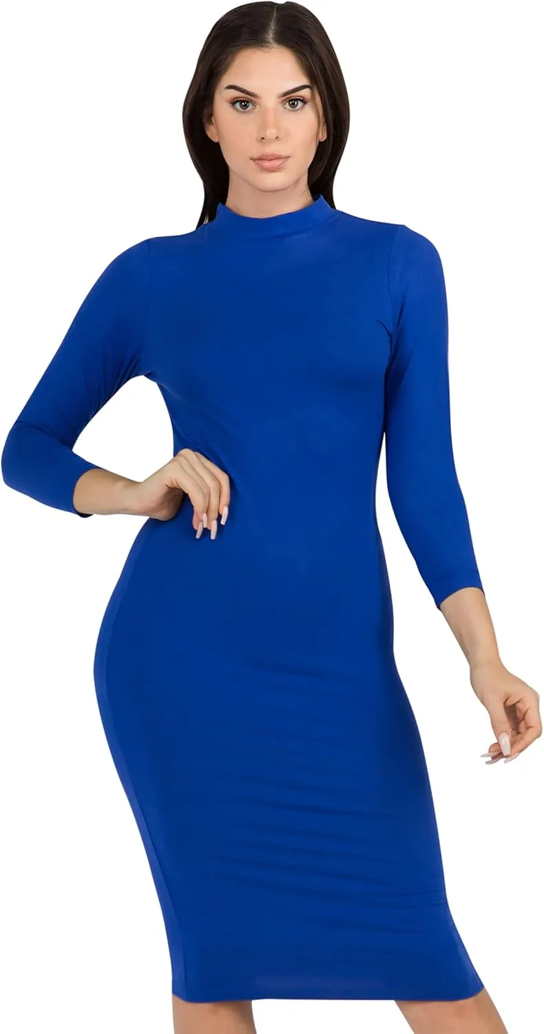 ICONOFLASH Women's 3/4 Sleeves Mock Neck Bodycon Midi Dresses