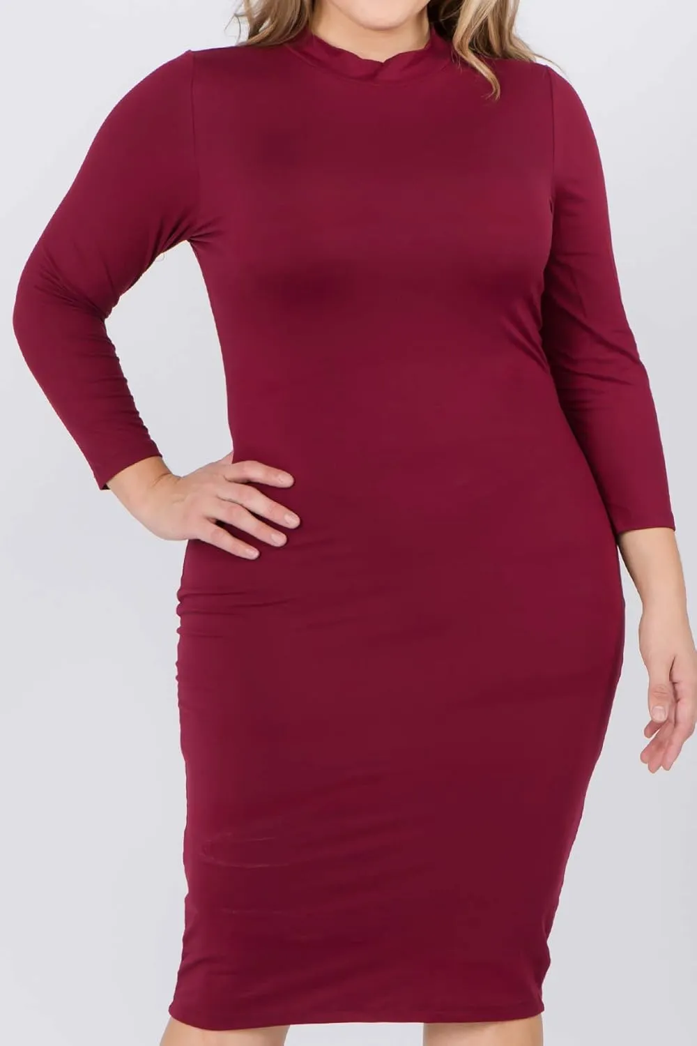 ICONOFLASH Women's 3/4 Sleeves Mock Neck Bodycon Midi Dresses