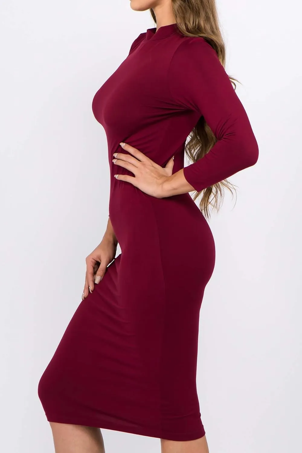 ICONOFLASH Women's 3/4 Sleeves Mock Neck Bodycon Midi Dresses