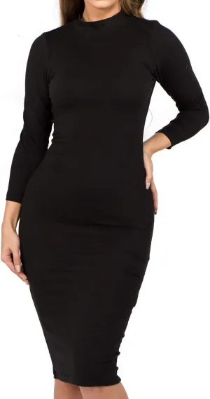 ICONOFLASH Women's 3/4 Sleeves Mock Neck Bodycon Midi Dresses