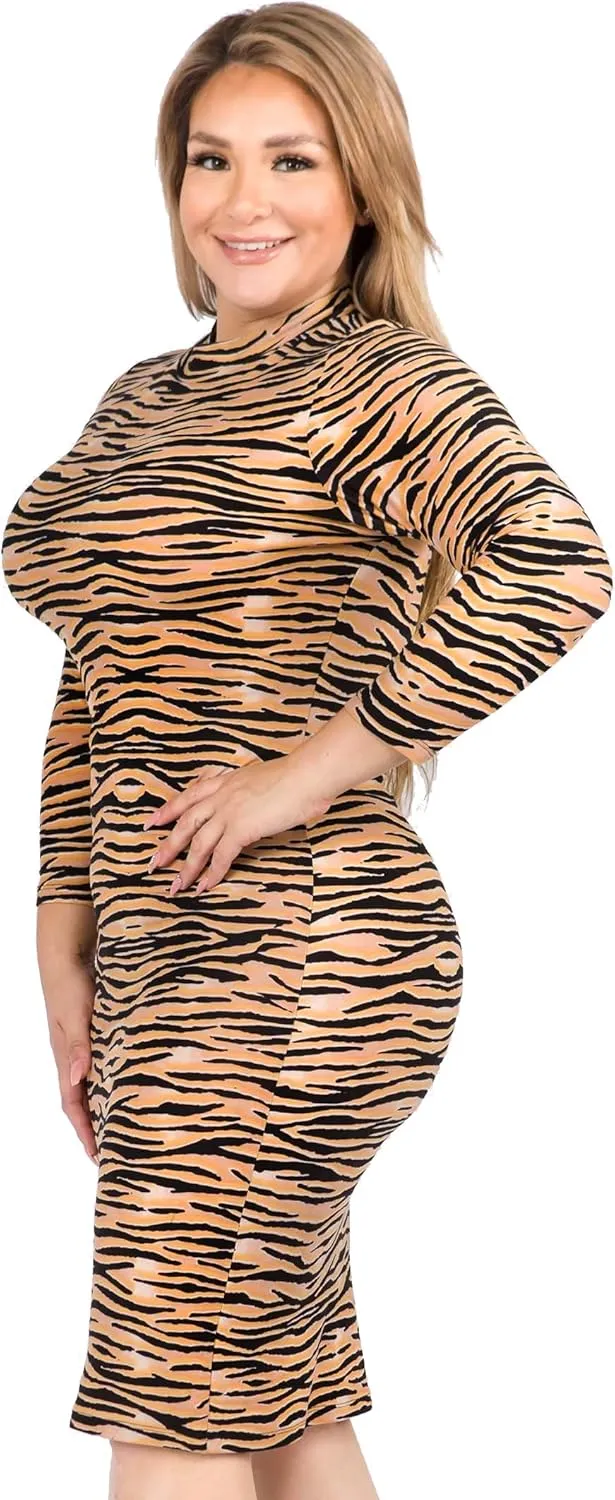 ICONOFLASH Women's 3/4 Sleeves Mock Neck Bodycon Midi Dresses