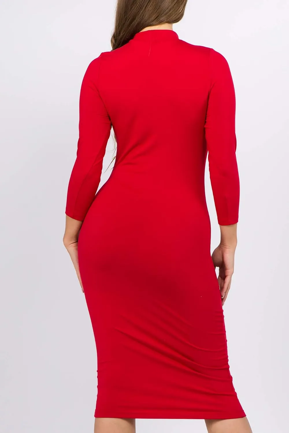 ICONOFLASH Women's 3/4 Sleeves Mock Neck Bodycon Midi Dresses