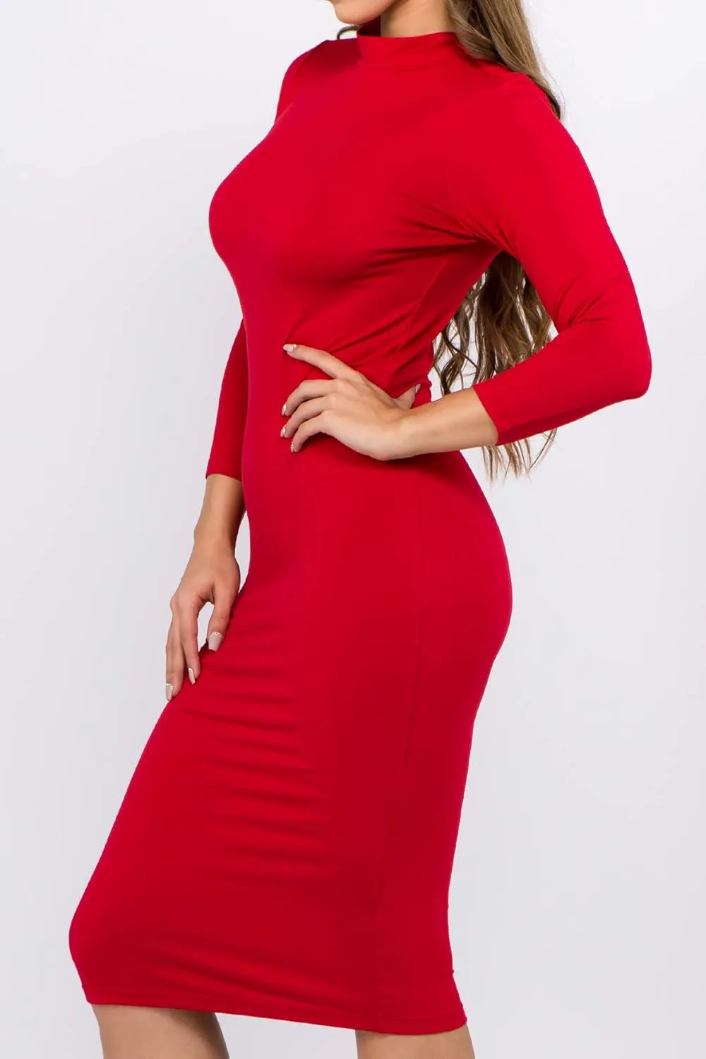 ICONOFLASH Women's 3/4 Sleeves Mock Neck Bodycon Midi Dresses