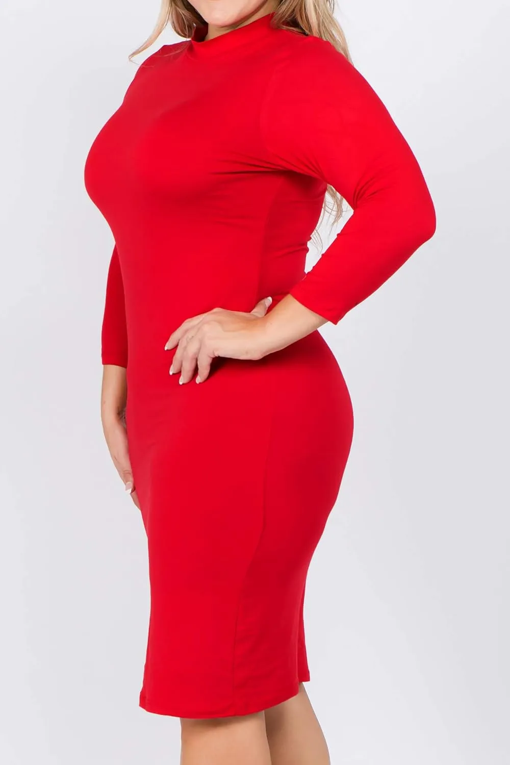 ICONOFLASH Women's 3/4 Sleeves Mock Neck Bodycon Midi Dresses