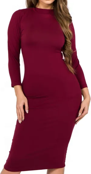 ICONOFLASH Women's 3/4 Sleeves Mock Neck Bodycon Midi Dresses
