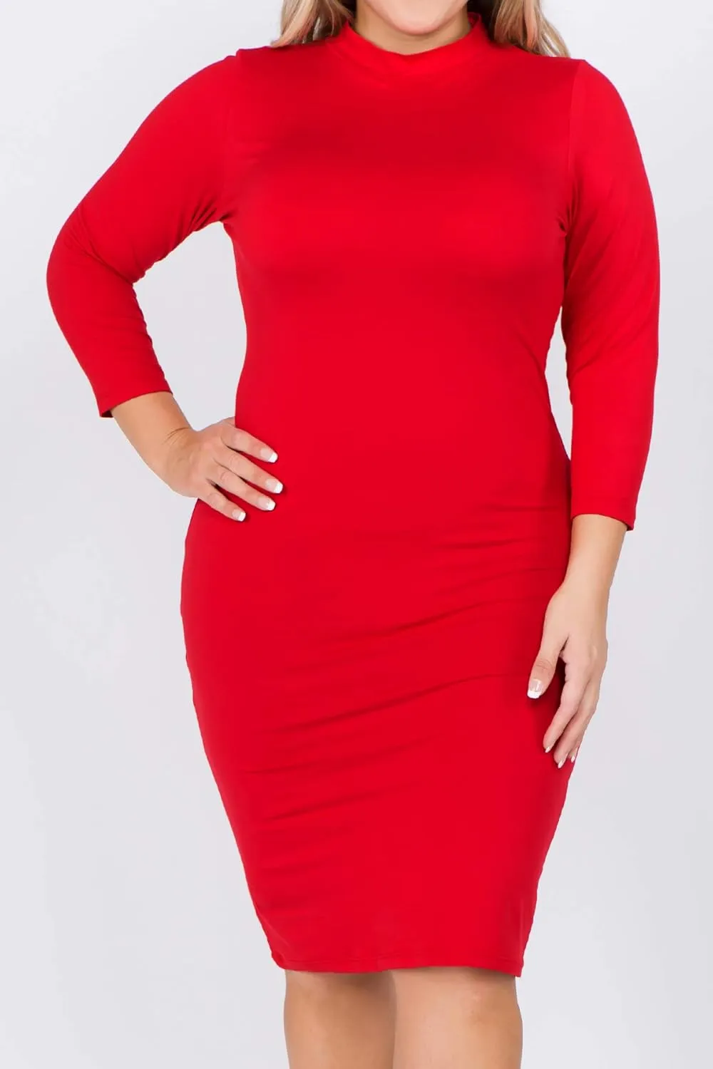 ICONOFLASH Women's 3/4 Sleeves Mock Neck Bodycon Midi Dresses