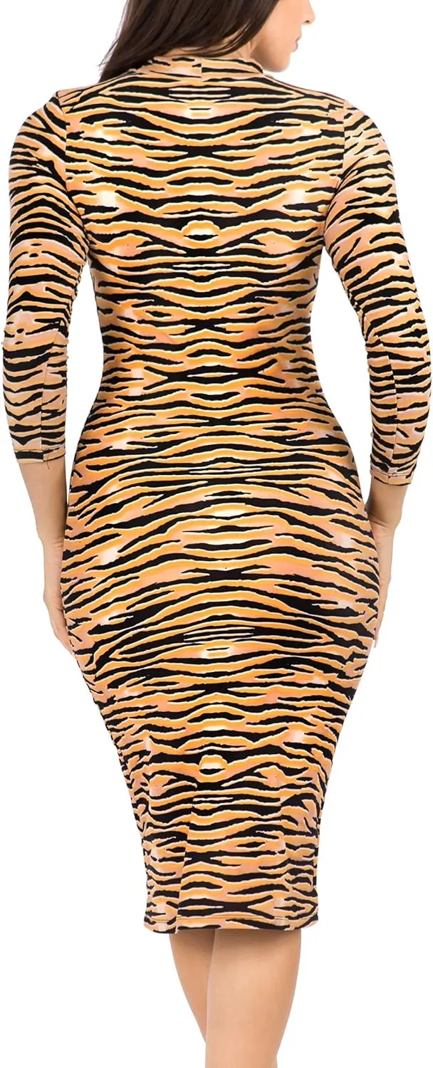 ICONOFLASH Women's 3/4 Sleeves Mock Neck Bodycon Midi Dresses