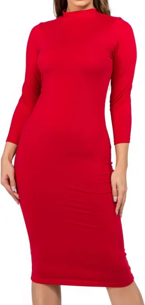 ICONOFLASH Women's 3/4 Sleeves Mock Neck Bodycon Midi Dresses