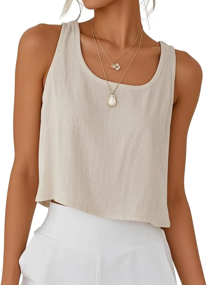 IDEALSANXUN Womens Cotton Linen Crop Tank Tops Spring Summer Sleeveless Tops