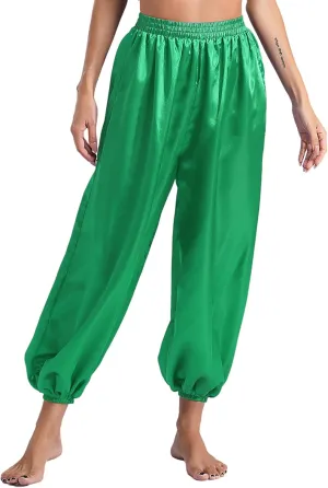 iiniim Womens Belly Dance Pants Elastic Waistband Satin Harem Pants Dancing Tribal Harem Pants Latern Bloomers Pants
