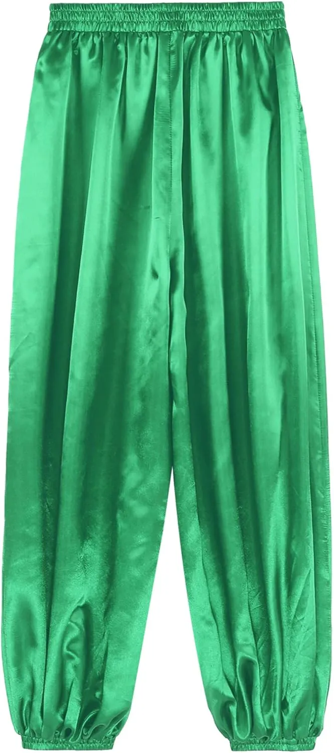 iiniim Womens Belly Dance Pants Elastic Waistband Satin Harem Pants Dancing Tribal Harem Pants Latern Bloomers Pants