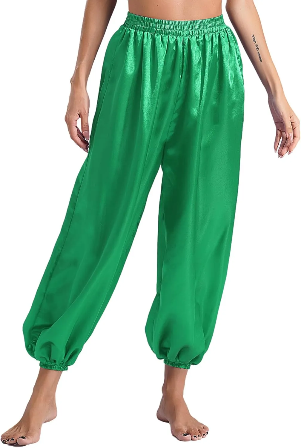 iiniim Womens Belly Dance Pants Elastic Waistband Satin Harem Pants Dancing Tribal Harem Pants Latern Bloomers Pants