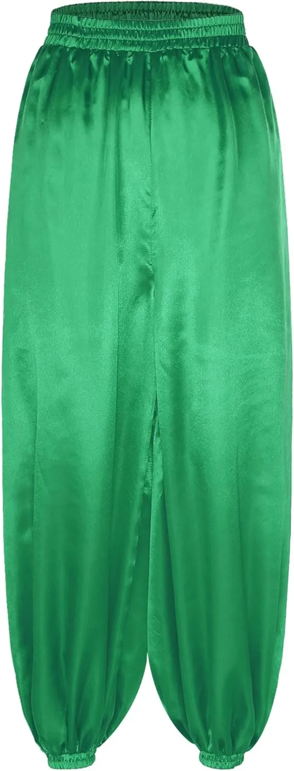 iiniim Womens Belly Dance Pants Elastic Waistband Satin Harem Pants Dancing Tribal Harem Pants Latern Bloomers Pants