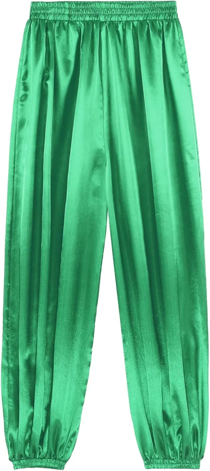 iiniim Womens Belly Dance Pants Elastic Waistband Satin Harem Pants Dancing Tribal Harem Pants Latern Bloomers Pants