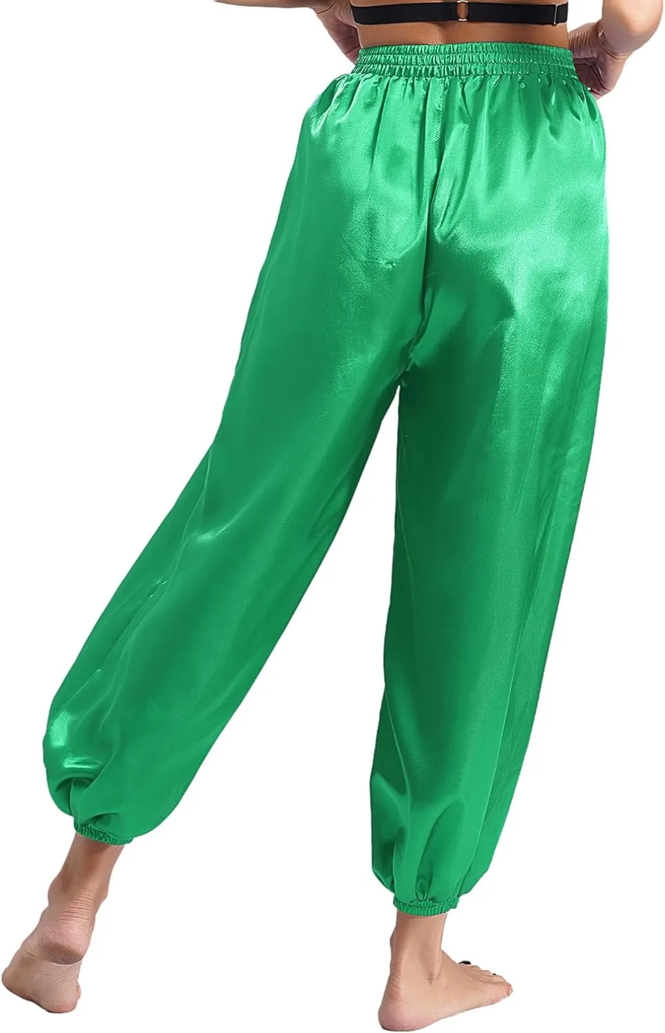 iiniim Womens Belly Dance Pants Elastic Waistband Satin Harem Pants Dancing Tribal Harem Pants Latern Bloomers Pants