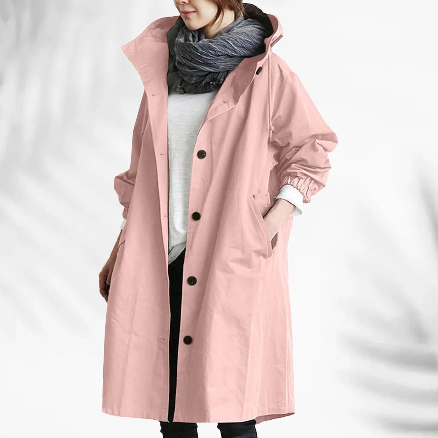 iLH Womens Hooded Trench Coat Spread Collar Button Down Windbreaker Outerwear for Women Lightweight Leisure Long Jackets