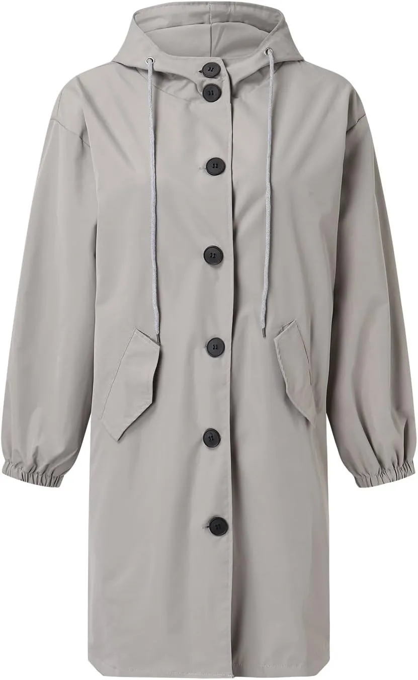 iLH Womens Hooded Trench Coat Spread Collar Button Down Windbreaker Outerwear for Women Lightweight Leisure Long Jackets