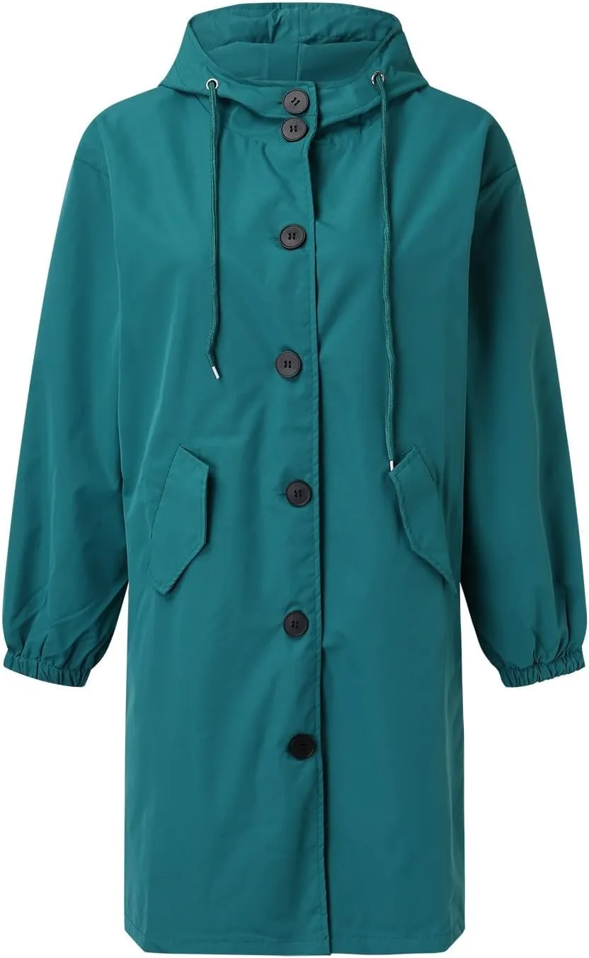 iLH Womens Hooded Trench Coat Spread Collar Button Down Windbreaker Outerwear for Women Lightweight Leisure Long Jackets