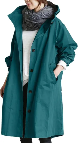 iLH Womens Hooded Trench Coat Spread Collar Button Down Windbreaker Outerwear for Women Lightweight Leisure Long Jackets
