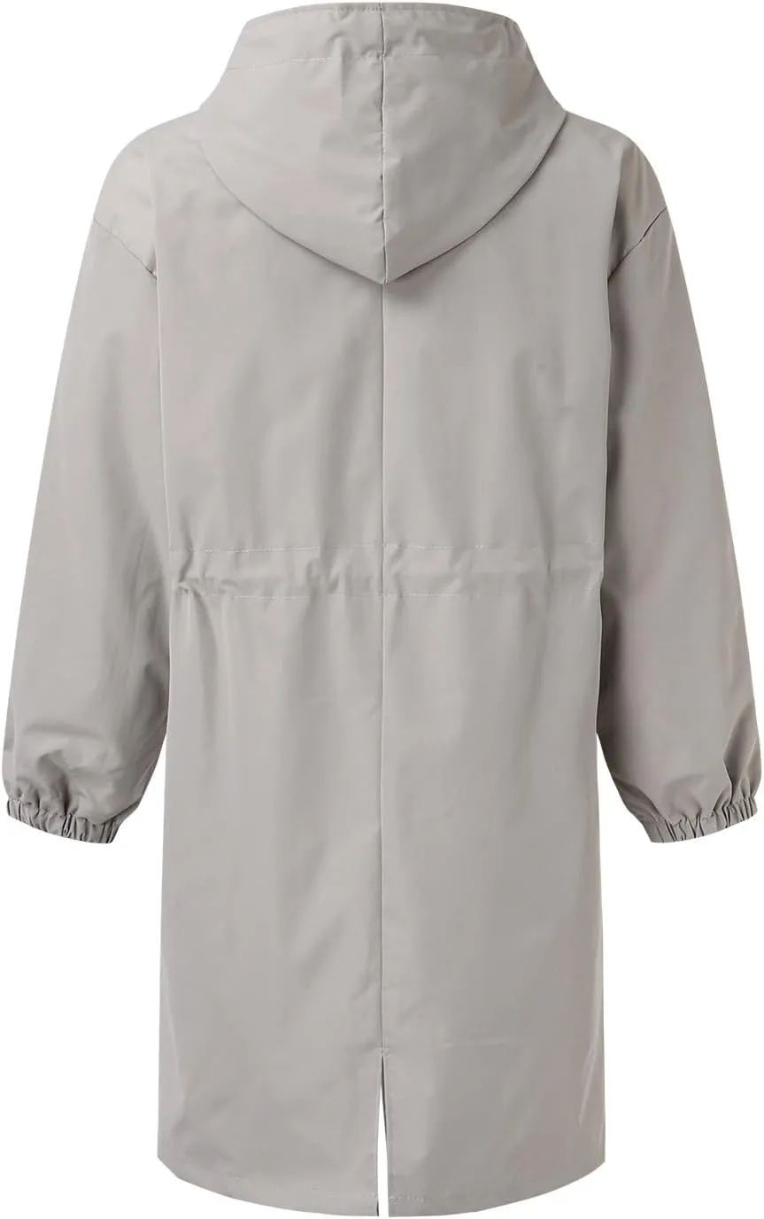 iLH Womens Hooded Trench Coat Spread Collar Button Down Windbreaker Outerwear for Women Lightweight Leisure Long Jackets
