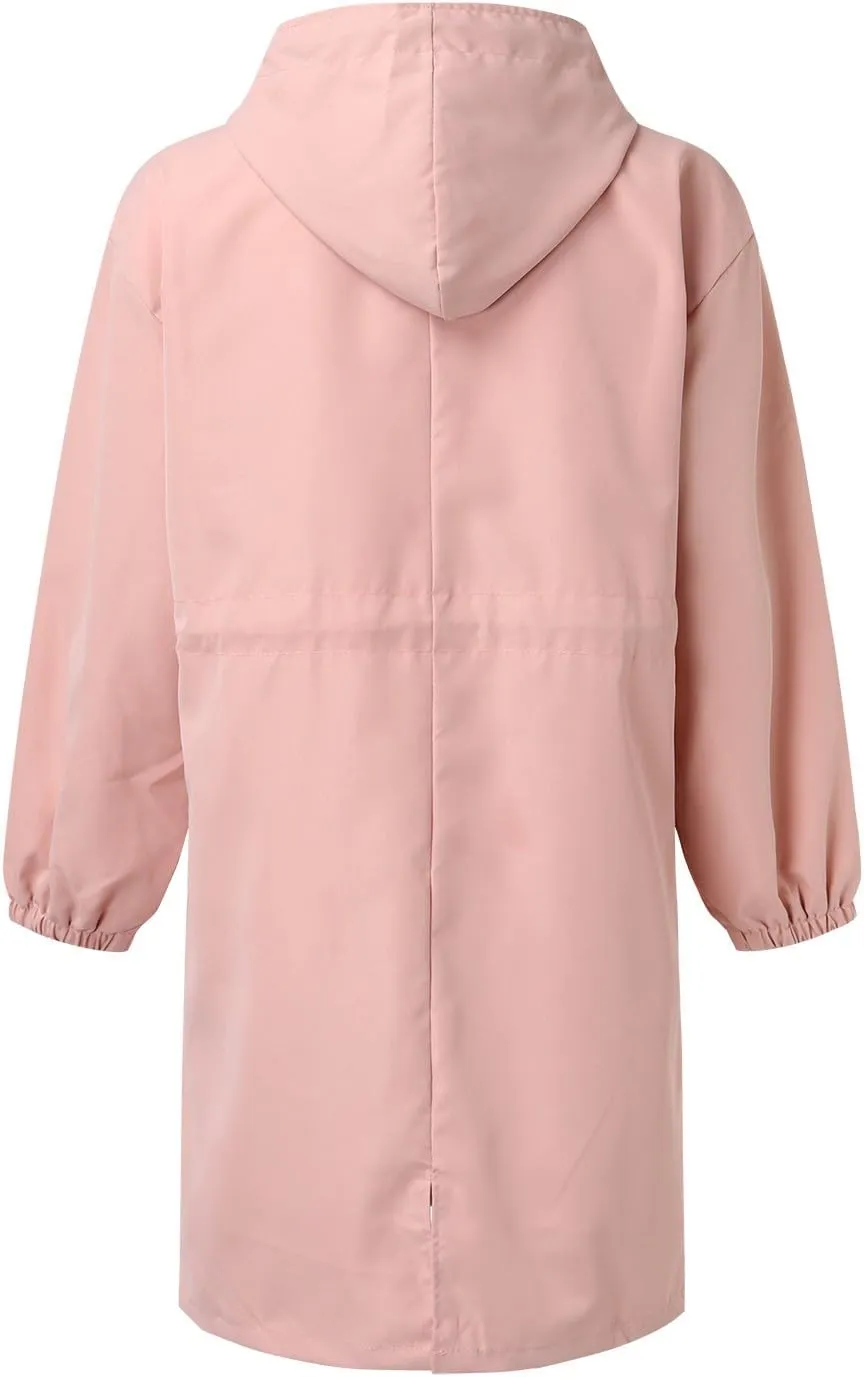 iLH Womens Hooded Trench Coat Spread Collar Button Down Windbreaker Outerwear for Women Lightweight Leisure Long Jackets