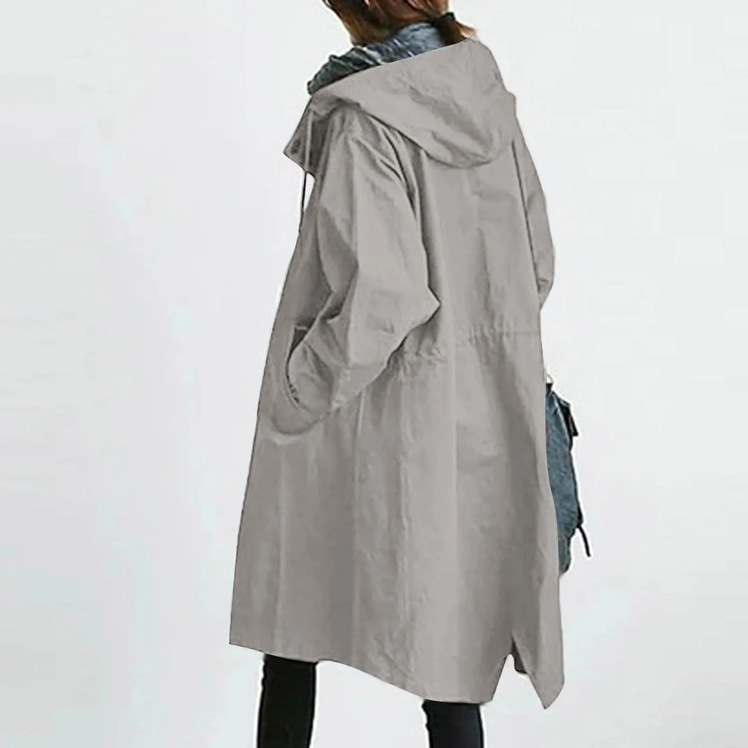iLH Womens Hooded Trench Coat Spread Collar Button Down Windbreaker Outerwear for Women Lightweight Leisure Long Jackets