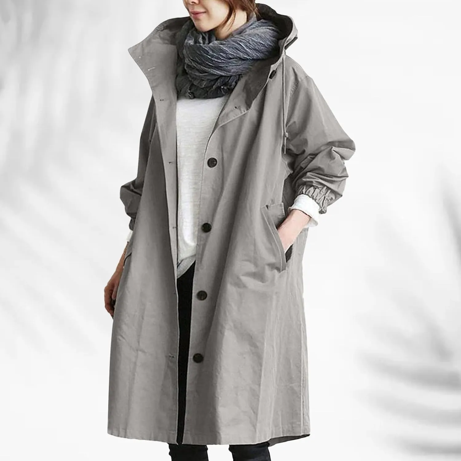 iLH Womens Hooded Trench Coat Spread Collar Button Down Windbreaker Outerwear for Women Lightweight Leisure Long Jackets