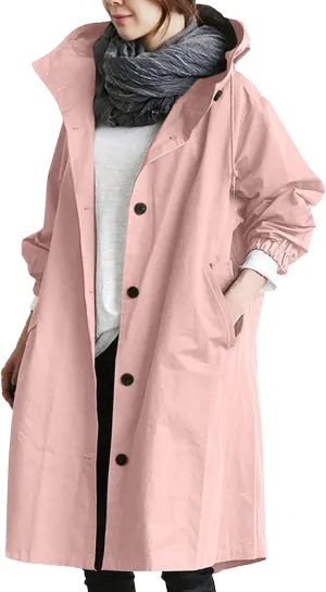 iLH Womens Hooded Trench Coat Spread Collar Button Down Windbreaker Outerwear for Women Lightweight Leisure Long Jackets