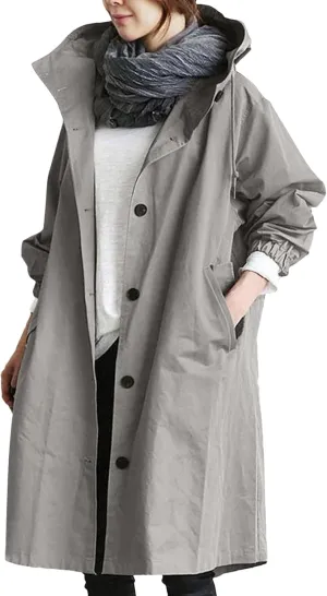 iLH Womens Hooded Trench Coat Spread Collar Button Down Windbreaker Outerwear for Women Lightweight Leisure Long Jackets