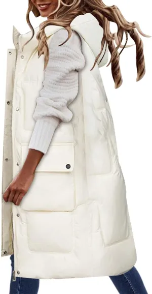 iLH Womens Winter Solid Color Sleeveless Jacket Vest Long Hoodie Warm Down Jacket with Pockets Quilted Outdoor Jacket Zip