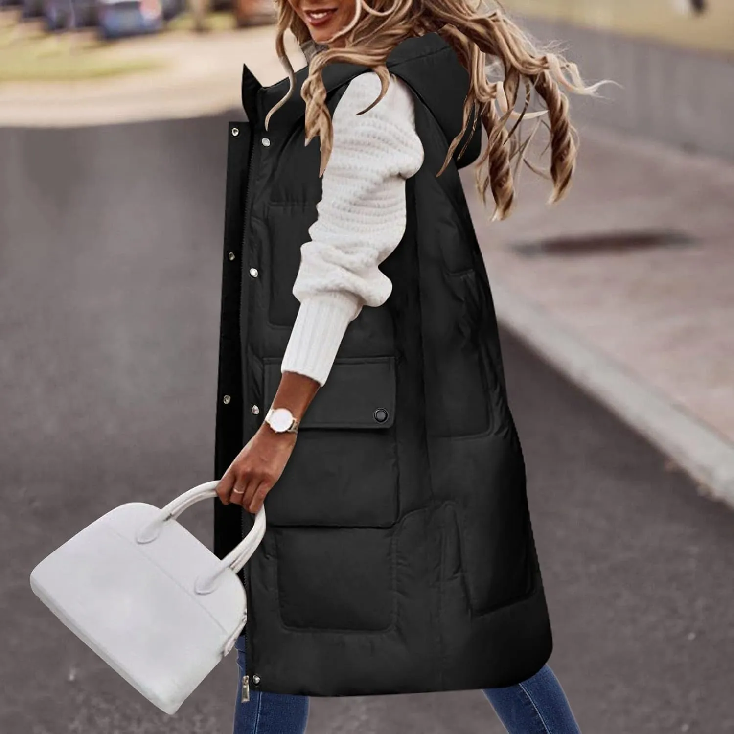 iLH Womens Winter Solid Color Sleeveless Jacket Vest Long Hoodie Warm Down Jacket with Pockets Quilted Outdoor Jacket Zip