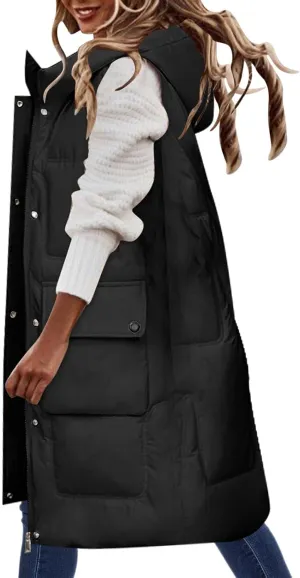 iLH Womens Winter Solid Color Sleeveless Jacket Vest Long Hoodie Warm Down Jacket with Pockets Quilted Outdoor Jacket Zip