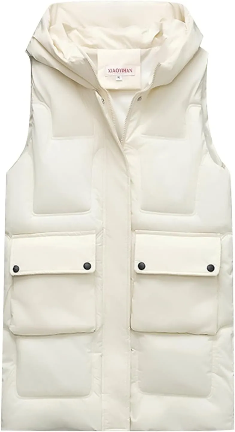 iLH Womens Winter Solid Color Sleeveless Jacket Vest Long Hoodie Warm Down Jacket with Pockets Quilted Outdoor Jacket Zip