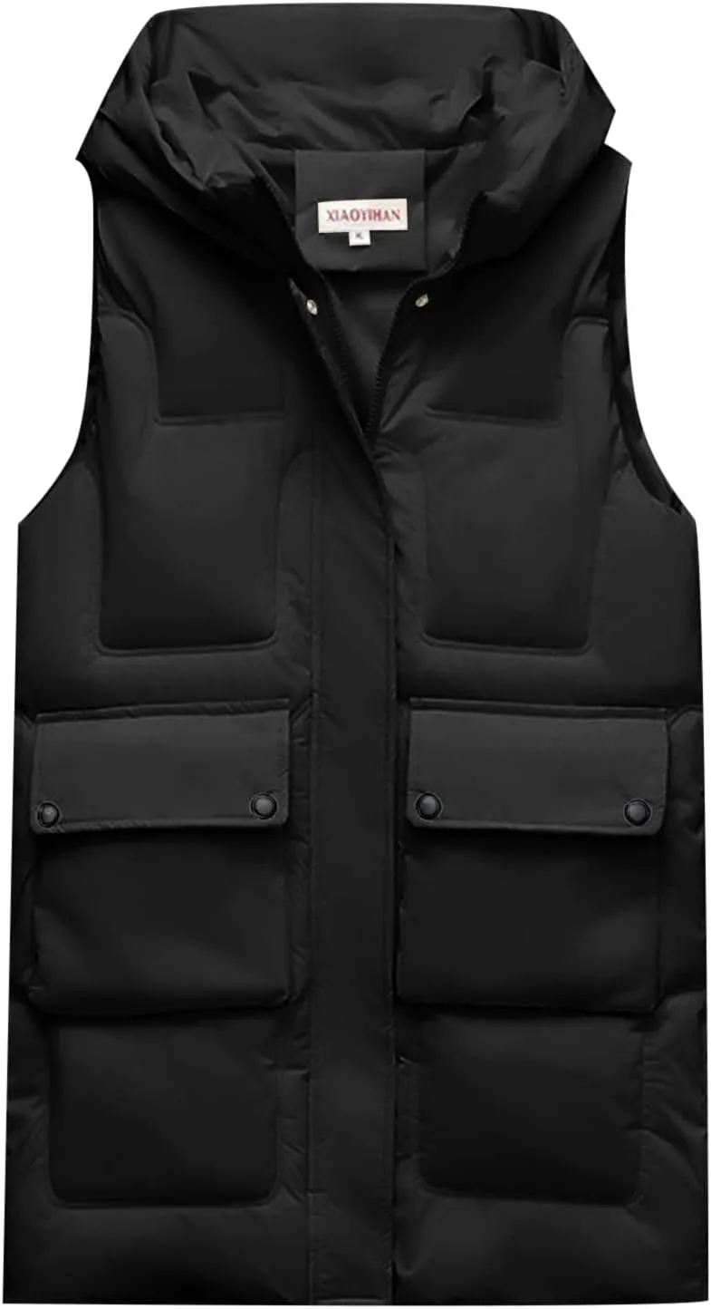 iLH Womens Winter Solid Color Sleeveless Jacket Vest Long Hoodie Warm Down Jacket with Pockets Quilted Outdoor Jacket Zip