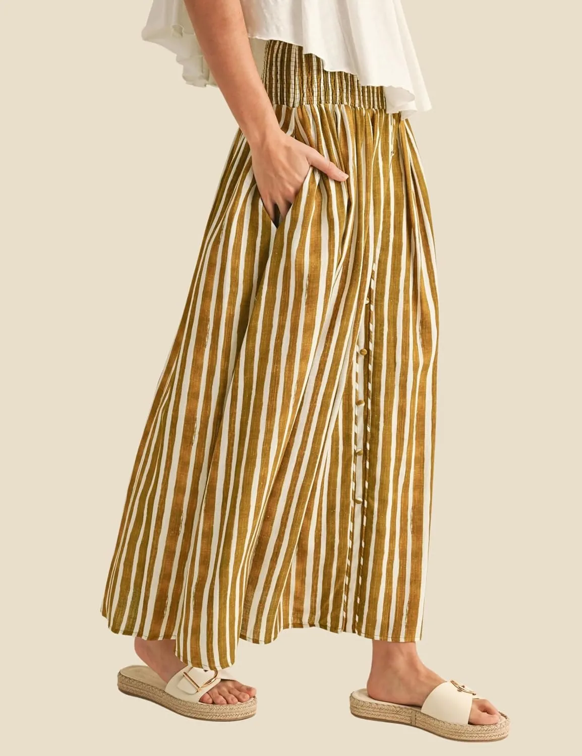 InterNos Womens Striped Maxi Skirt Trendy Front Buttons Elastic Waistband A-Line Boho Long Skirt with Pockets