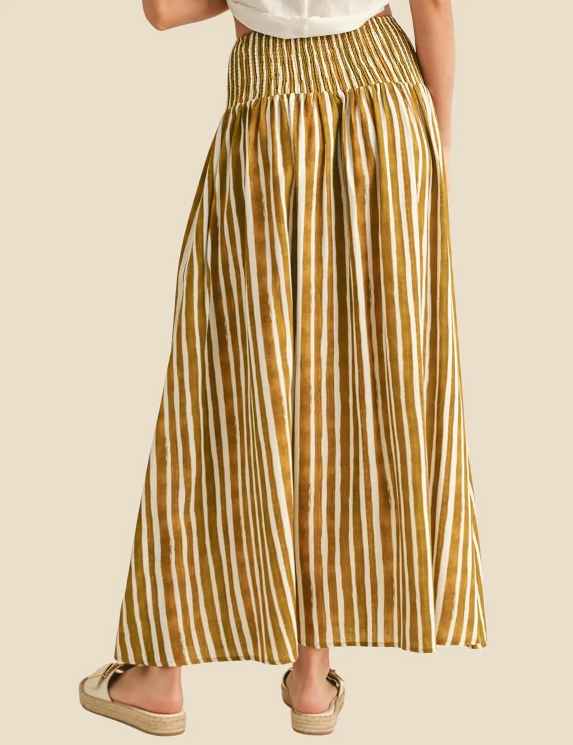 InterNos Womens Striped Maxi Skirt Trendy Front Buttons Elastic Waistband A-Line Boho Long Skirt with Pockets