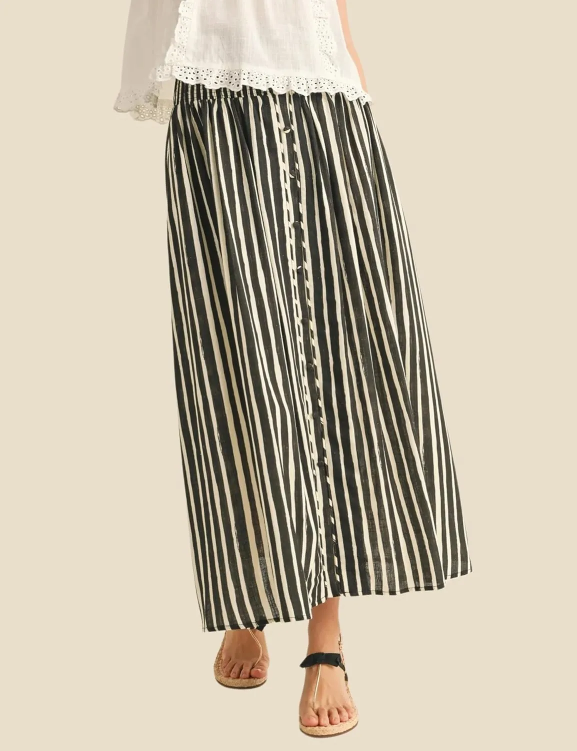 InterNos Womens Striped Maxi Skirt Trendy Front Buttons Elastic Waistband A-Line Boho Long Skirt with Pockets