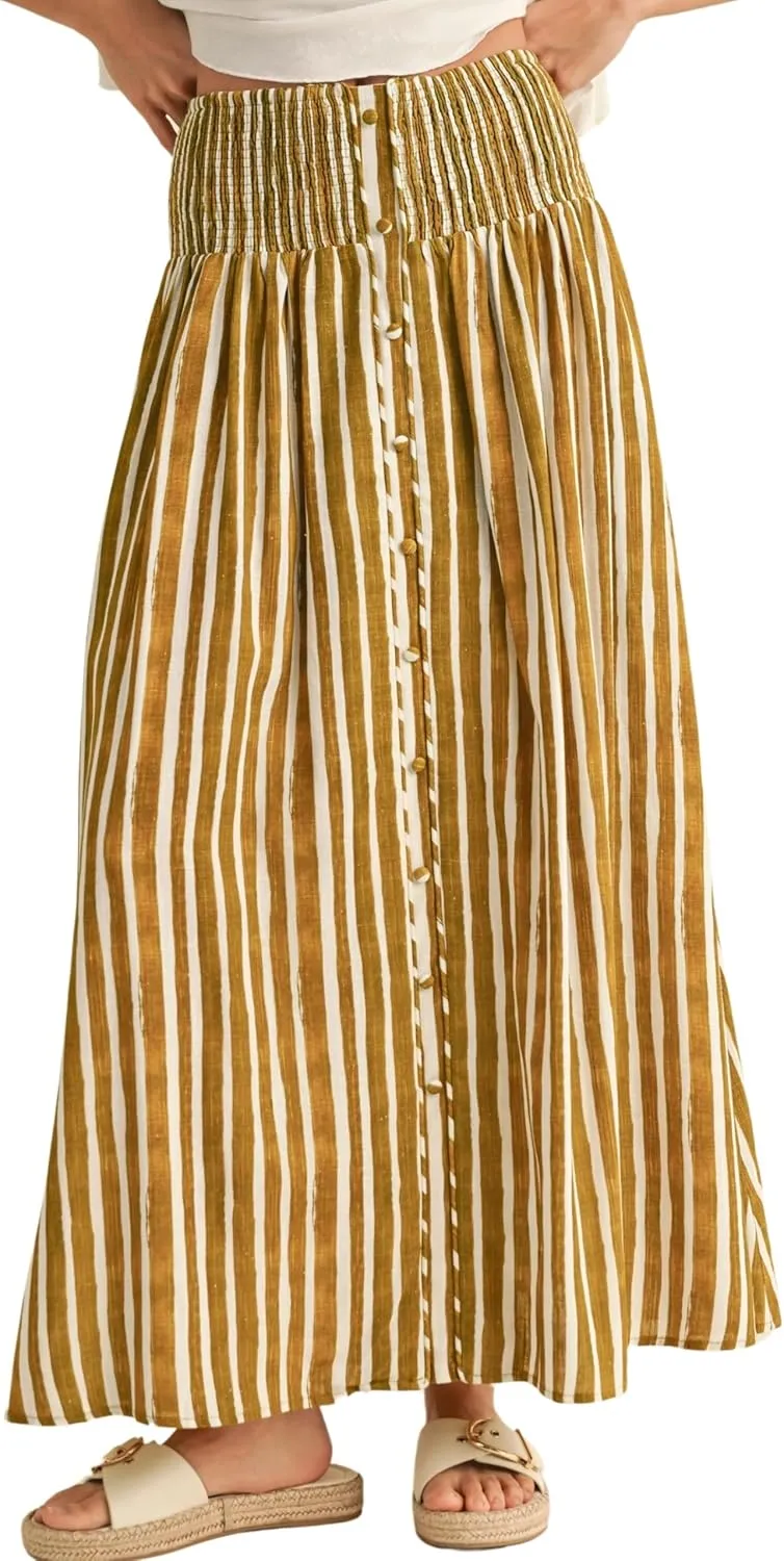 InterNos Womens Striped Maxi Skirt Trendy Front Buttons Elastic Waistband A-Line Boho Long Skirt with Pockets