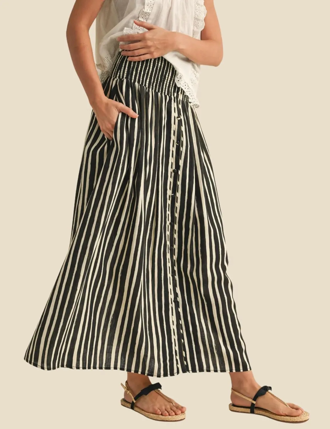 InterNos Womens Striped Maxi Skirt Trendy Front Buttons Elastic Waistband A-Line Boho Long Skirt with Pockets