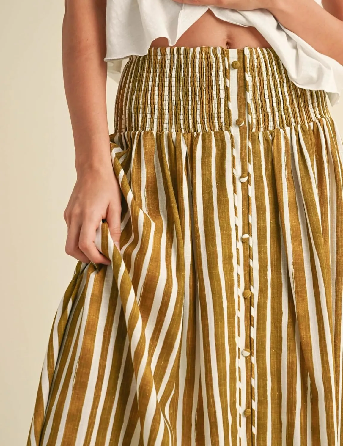 InterNos Womens Striped Maxi Skirt Trendy Front Buttons Elastic Waistband A-Line Boho Long Skirt with Pockets