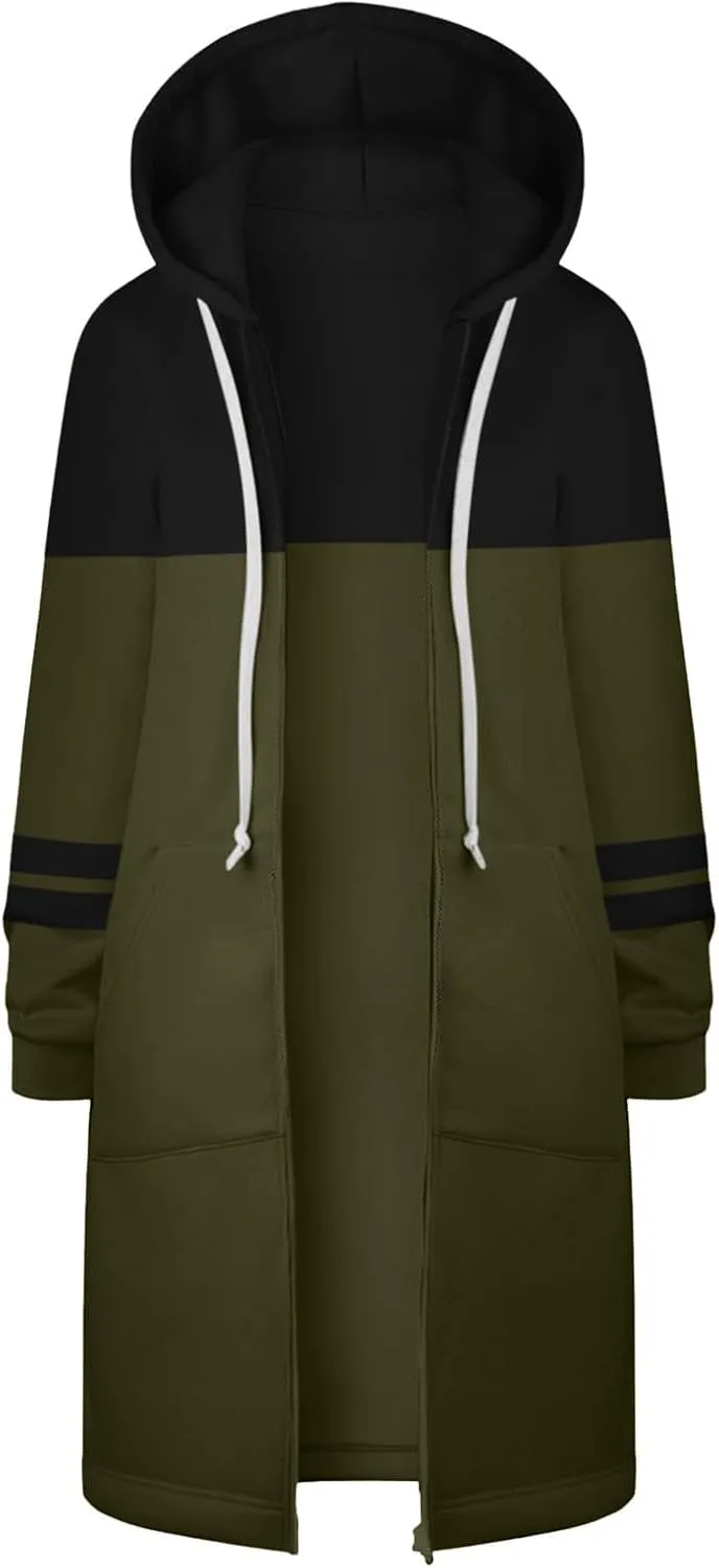 Jackets for Women Zip up Hoodies Y2K Knee Length Hooded Fleece Oversized Sweatshirts with Pockets Fall Outfits 2024
