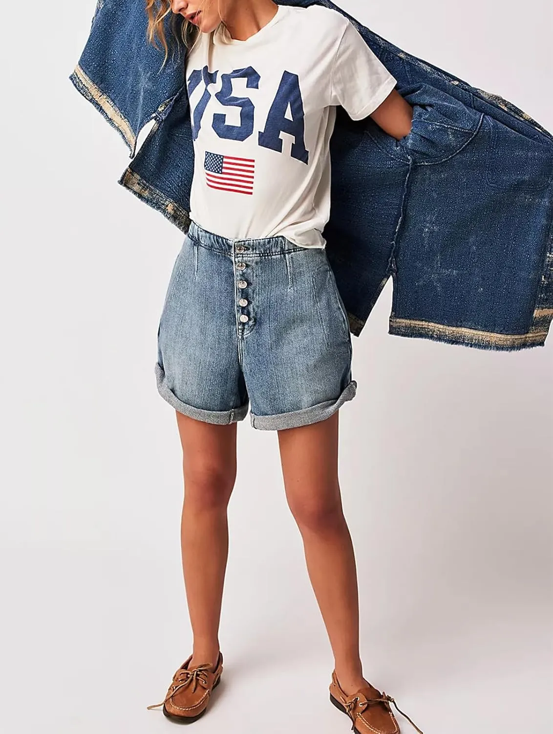 Jean Shorts Womens Button Boxer Shorts Y2K High Waisted Denim Shorts Vintage Roll Up Casual Shorts