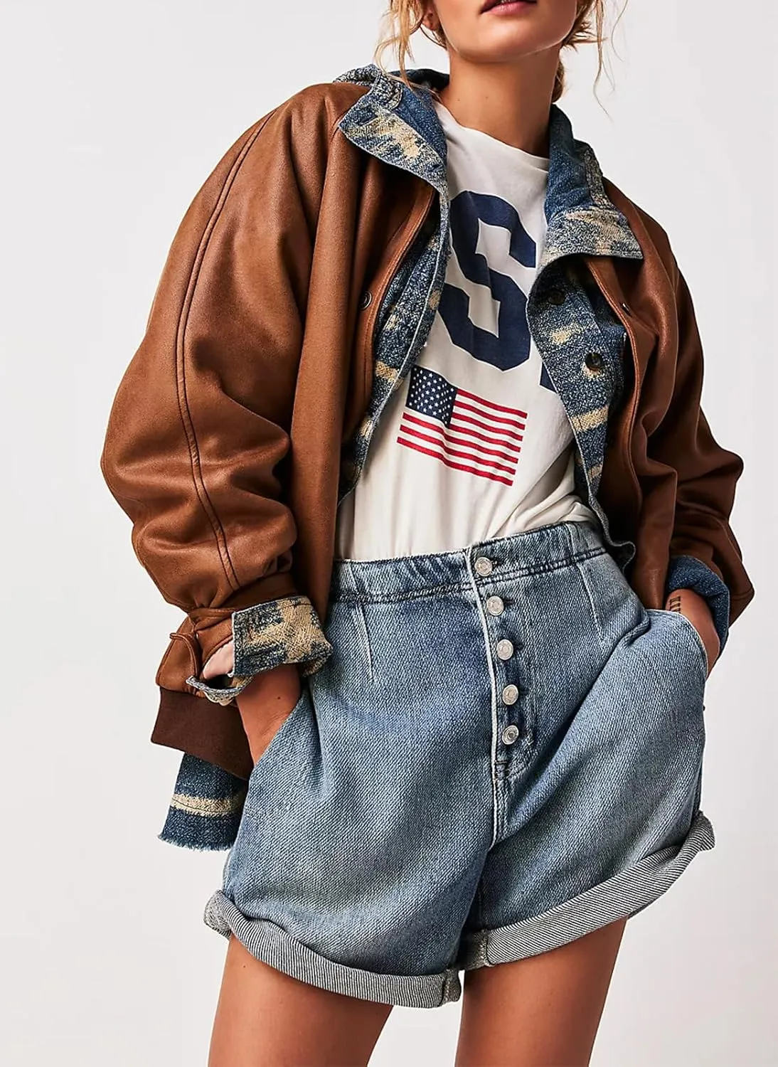 Jean Shorts Womens Button Boxer Shorts Y2K High Waisted Denim Shorts Vintage Roll Up Casual Shorts